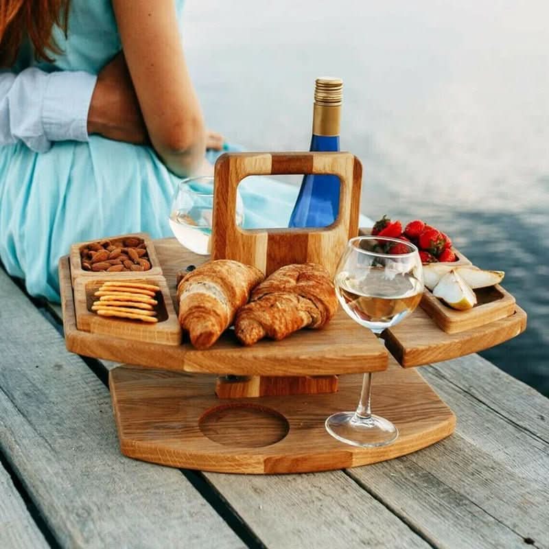 Portable Wooden Picnic Table - Foldable wooden table with glass holders & snack compartments for garden, beach & outdoor use - Image 3