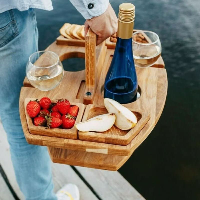 Portable Wooden Picnic Table - Foldable wooden table with glass holders & snack compartments for garden, beach & outdoor use - Image 4
